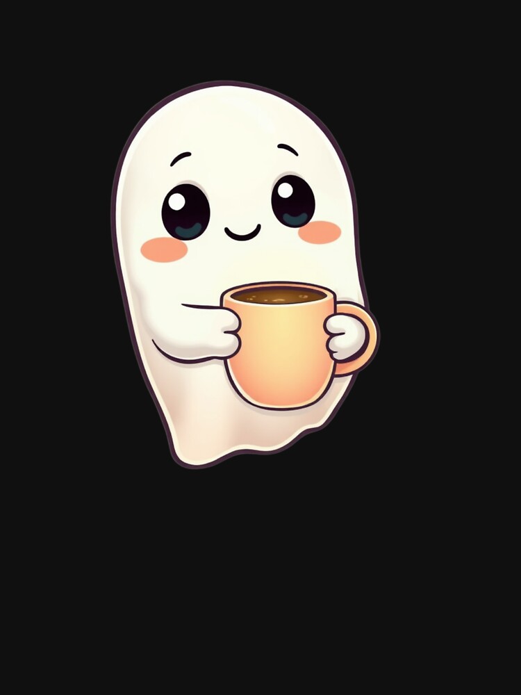 Cute Kawaii Ghost with Coffee ☕ – Cozy Pastel Cartoon Ghost Sticker & POD Design by CozyPops