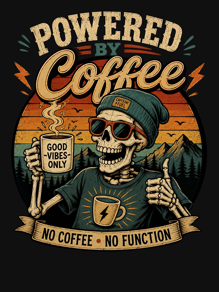 Powered by Coffee Skeleton Coffee T-Shirt – Funny Retro Vintage Graphic Tee by Artimax-Studio