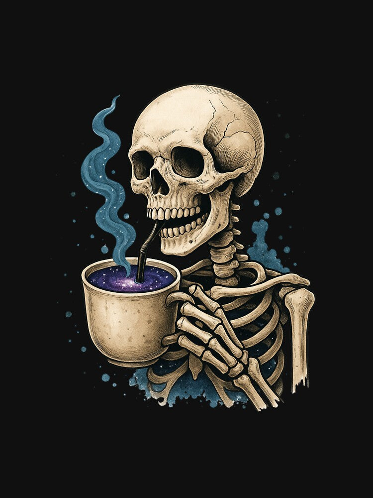 Skeleton Drinking Coffee with Galaxy Inside – Cosmic Goth Skull Design by ColorSplash123
