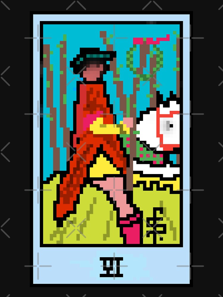 Wait, is this pixel art tarot? Black - Minor Arcana 'Six of Wands' (Design for T-shirt, stickers and other accessories) by Pixel Waite