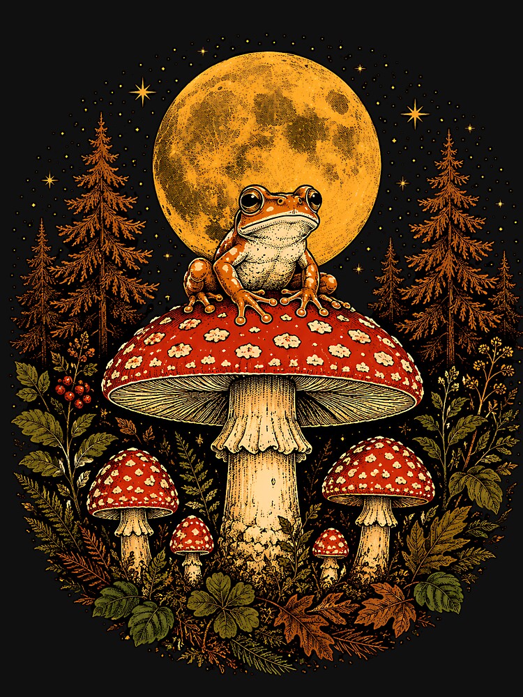 Moonlit Forest With Frog And Mushrooms by Funny Vintage Stickers And T-Shirts