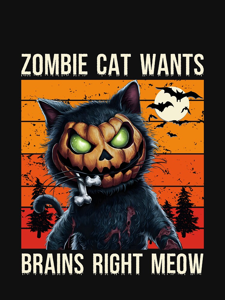 Zombie Cat Wants Brains Right Meow Funny Halloween Pumpkin Cat by clothesy7