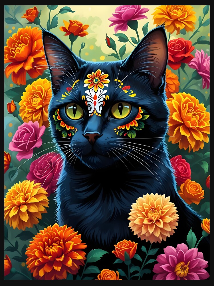 Día de los Gatos - Sugar Skull Cat Amidst Marigolds by DarylWelsh2024