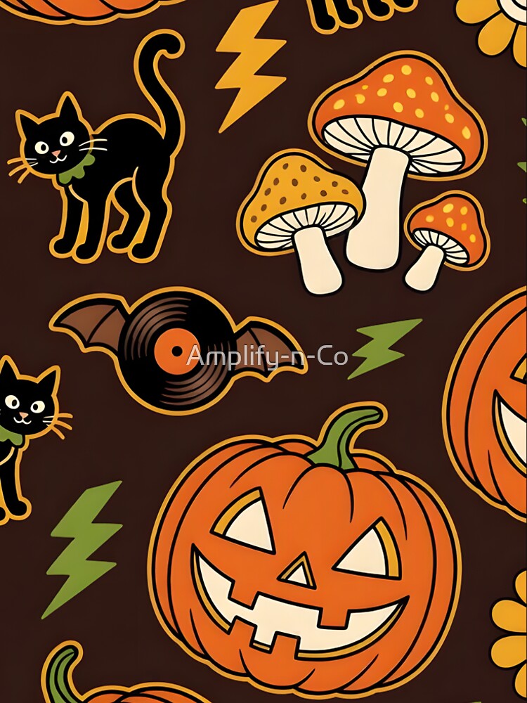 Retro 70s Halloween Groove — Jack-o-Lantern Black Cat Mushroom Vinyl Bat Seamless Pattern by Amplify-n-Co