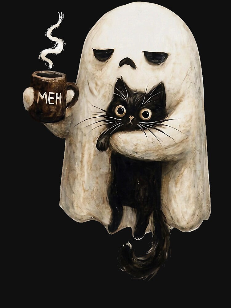 Retro Funny Ghost Holding Black Cat With Coffee by thefirstbroo