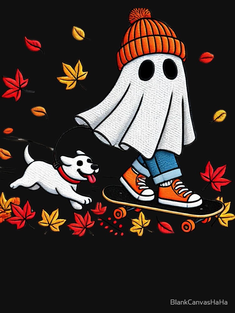 Ghost on Skateboard with Dog – Fun Halloween Fall Skate Tee by BlankCanvasHaHa