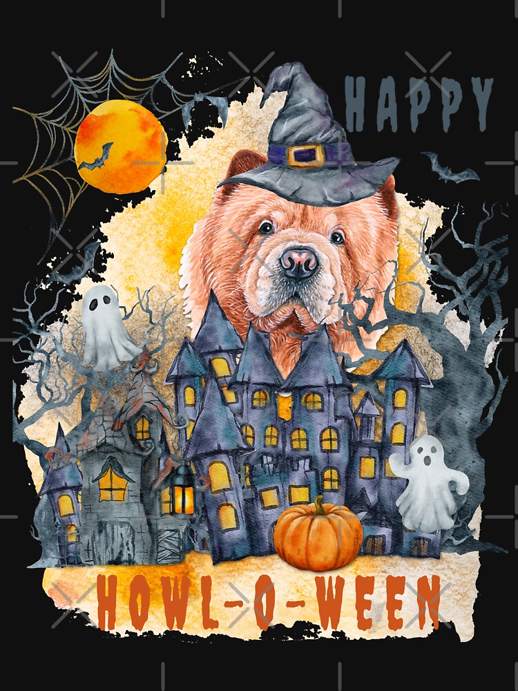 Chow Chow Happy Howl-o-ween Ghost Houses Funny Watercolor by Cuddlythopia