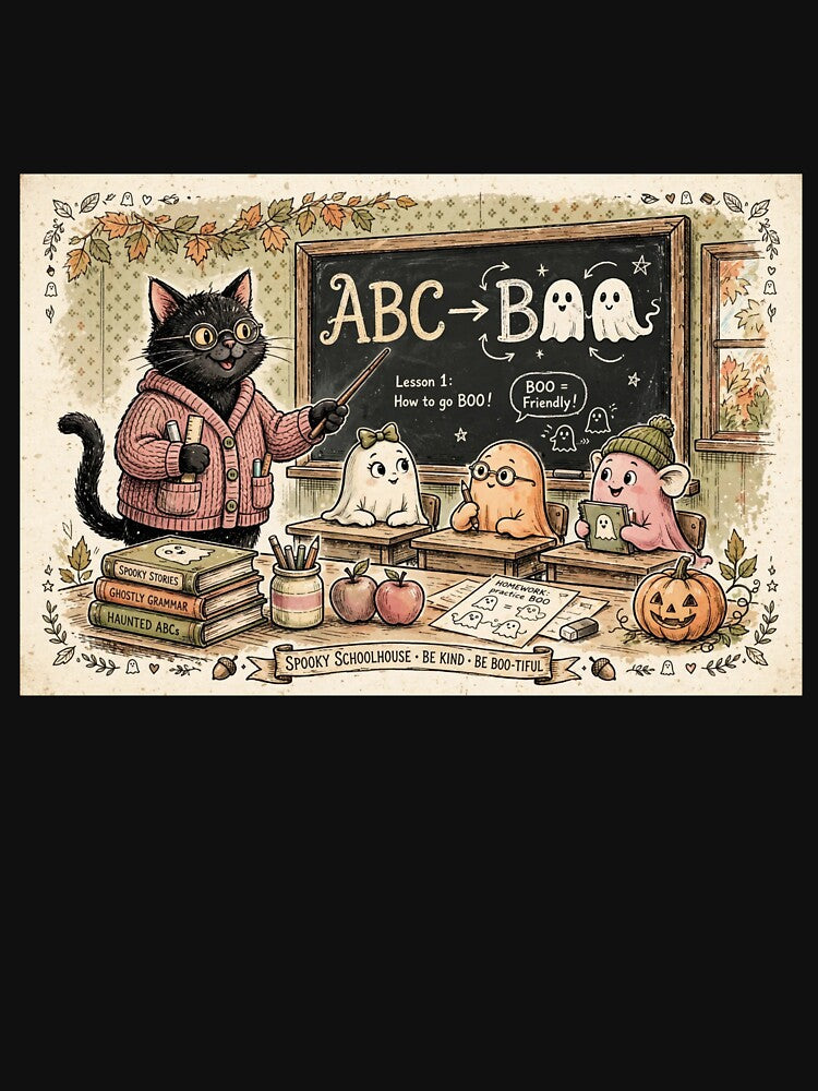 Spooky Schoolhouse Black Cat Teacher ABC Boo Ghost Students by Yellowriversss