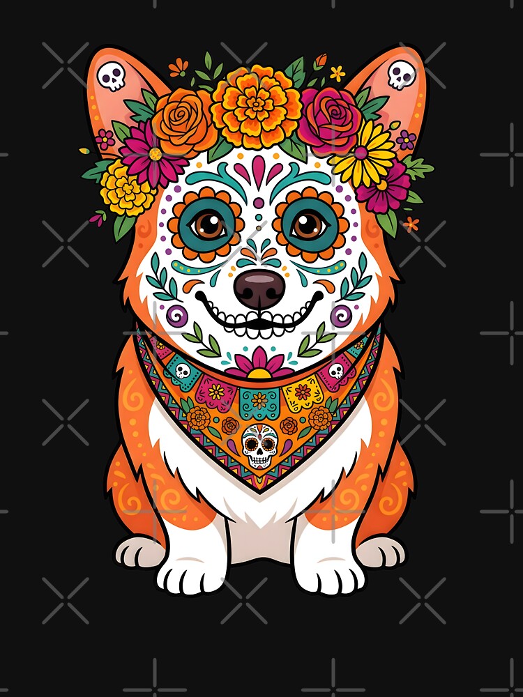 Sugar Skull Corgi - Day of the Dead Dia de los Muertos Cute Dog Art by BobaBunny76