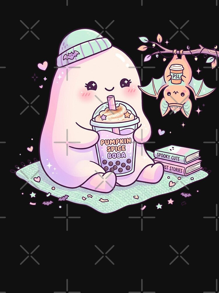 Cute Ghost Drinking Boba Pumpkin Spice Bat Pastel Goth Fall by KreatoLab