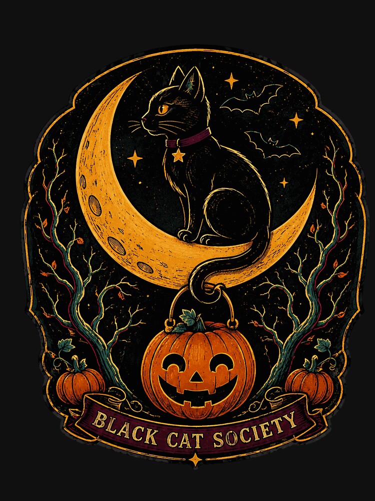 Black Cat Society Vintage Halloween Moon and Pumpkin by VioletNance