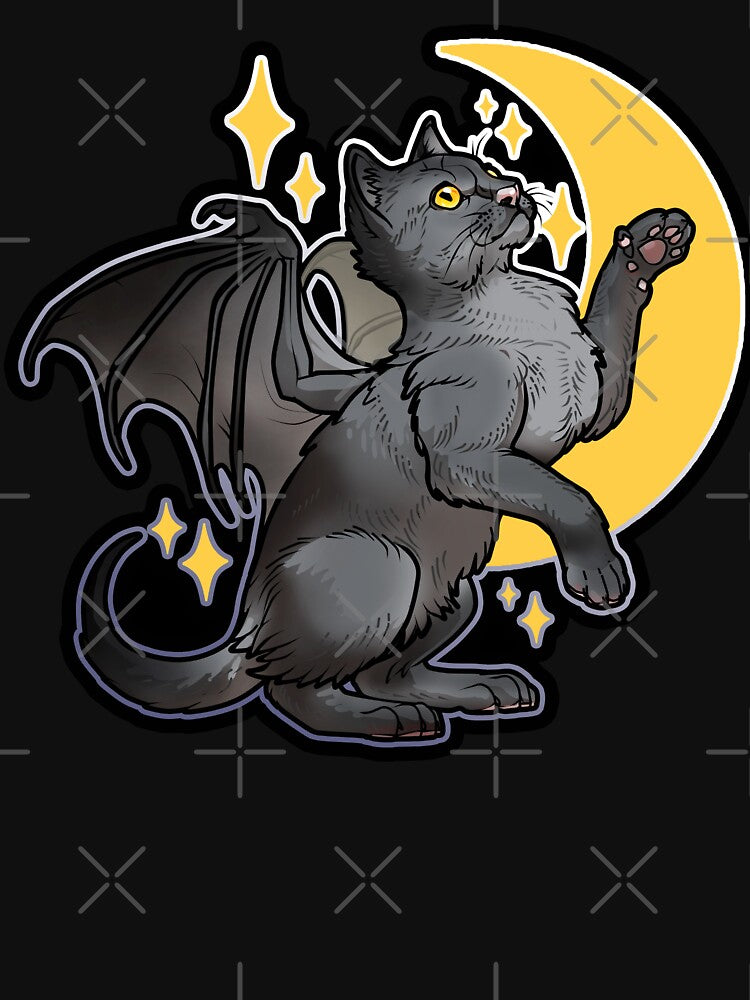 Halloween, Magical, Fantasy, Winged Black Cat, Crescent Moon, Stars by Ryuvhiel
