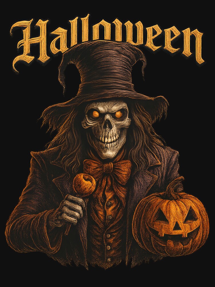 Vintage Gothic Skeleton Halloween T-Shirt | Spooky Skull Top Hat Tee | Dark Art Jack-O-Lantern Print | Creepy Fall Season Apparel by Graphisphere
