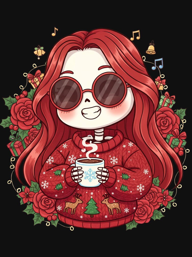 Chibi Skeleton Woman with Christmas Coffee | Cute Funny Holiday Art by ColorSplash123