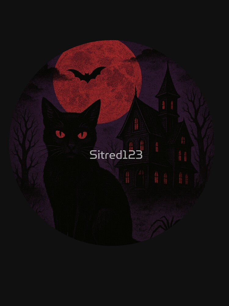 Gothic Black Cat and Haunted House Under Blood Moon | Halloween Design by Sitred123