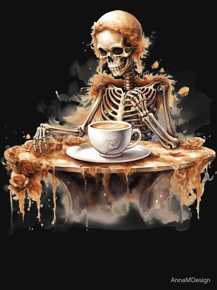 Halloween Vintage Skeleton Drinking Coffee Watercolor Style by AnnaMDesign