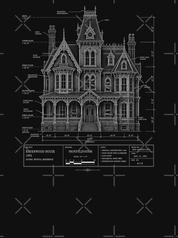 Ravenwood House Haunted Blueprint – Gothic Victorian Architecture Art by Stinky Lincy's Apparel Company
