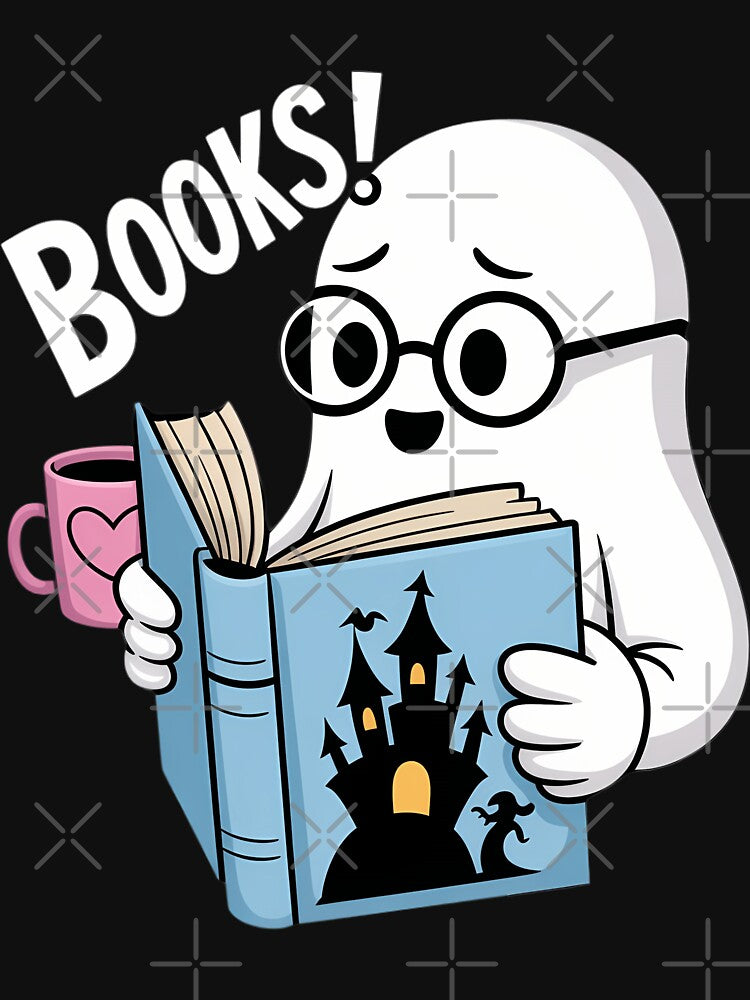 Booooks Funny Halloween Ghost Reading Book with a Coffee Cup by WalshDrawnLaugh