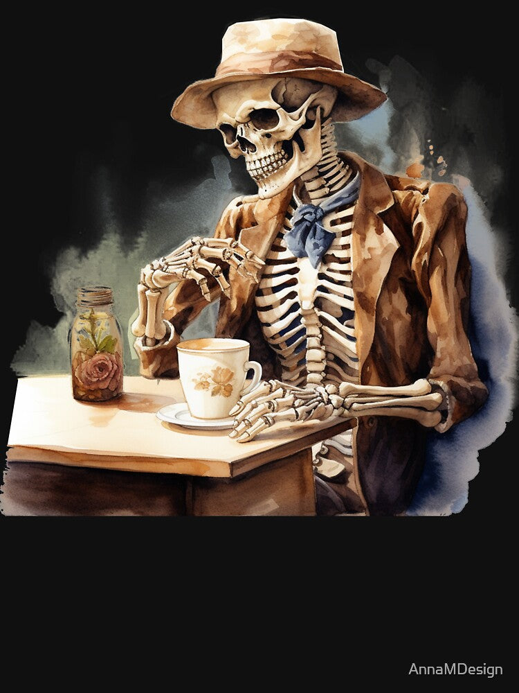 Halloween Vintage Man Skeleton Drinking Coffee Watercolor Style by AnnaMDesign