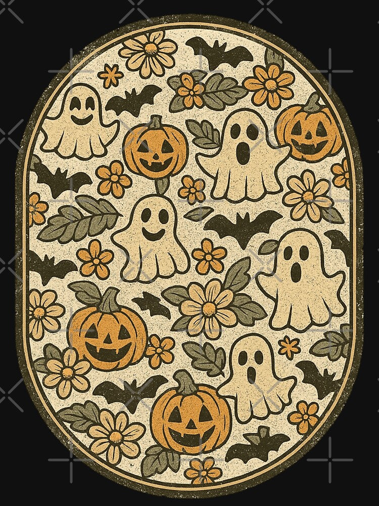 Vintage Halloween Ghost Pumpkin Bat Floral Retro Spooky Design by ldjcustomdesign