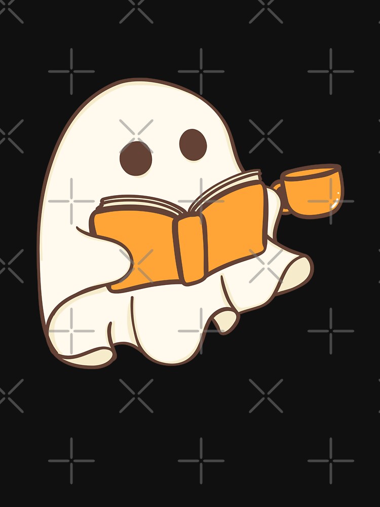 Cute halloween ghost reading book and drinking tea by Mateusz Majcherek