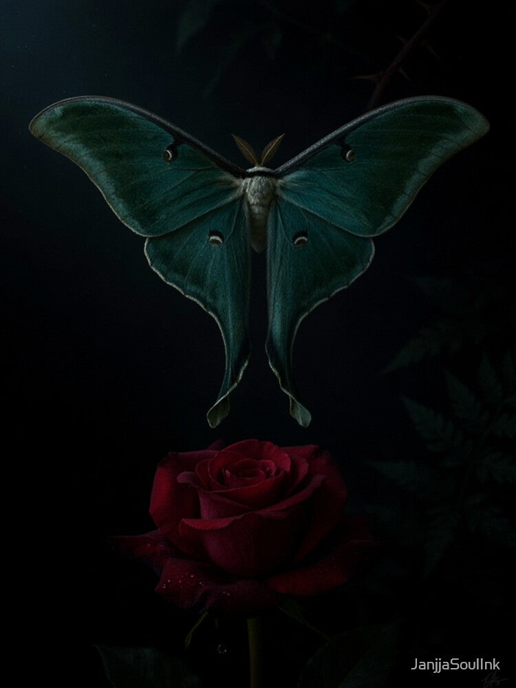 Gothic Luna Moth Resting on a Dark Rose by JanjjaSoulInk