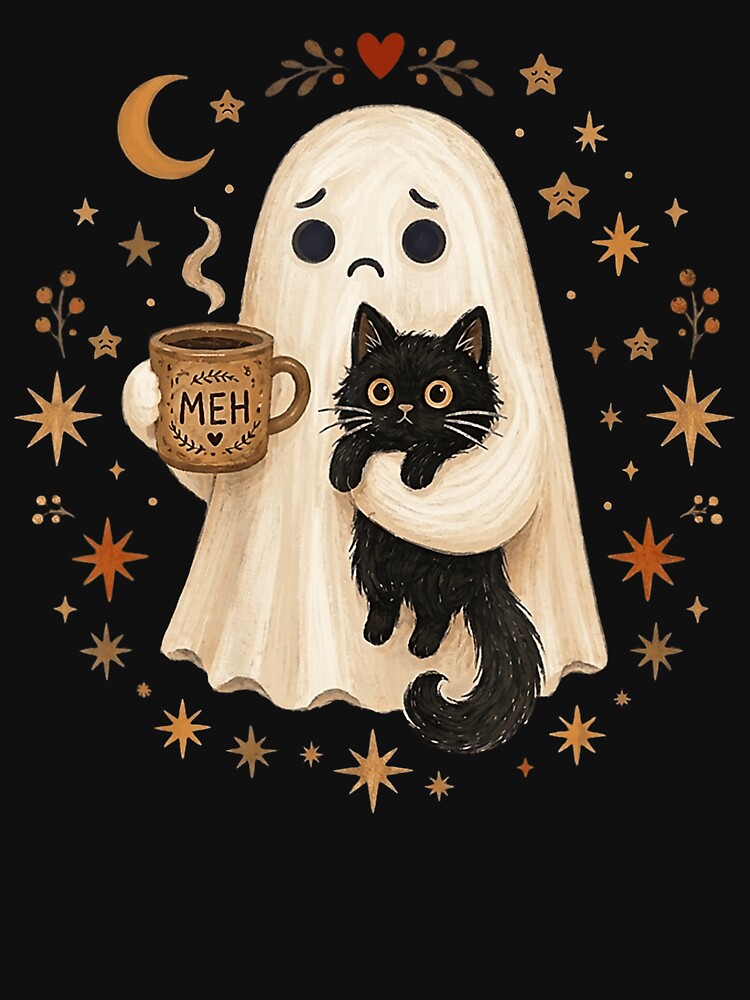 Cozy Halloween Ghost Holding Black Cat and Coffee by VioletNance