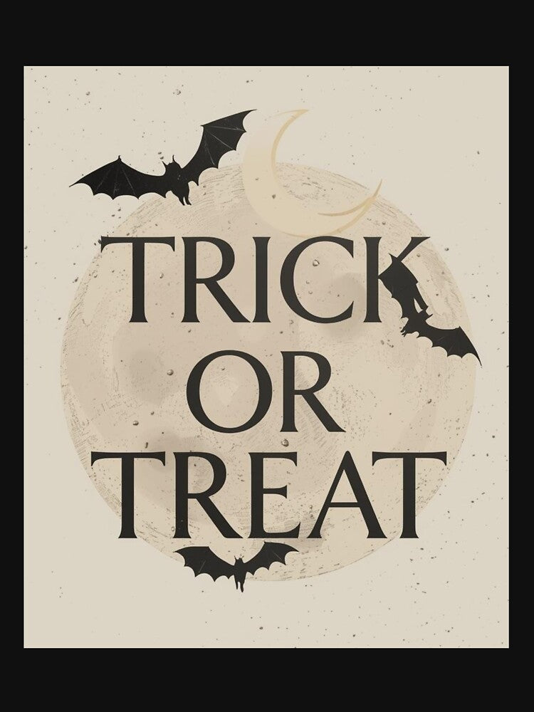 Minimalist Trick or Treat Halloween Design with Moon and Bats by Purrfect Blend