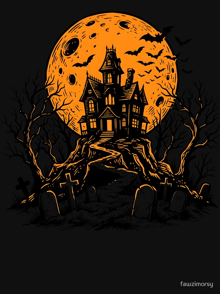 Haunted House Silhouette with Orange Full Moon by fawzimorsy