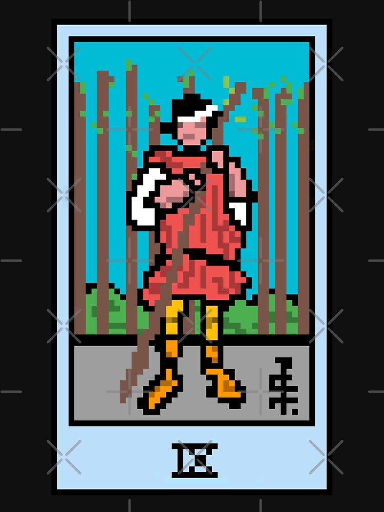 Wait, is this pixel art tarot? Black - Minor Arcana 'Nine of Wands' (Design for T-shirt, stickers and other accessories) by Pixel Waite