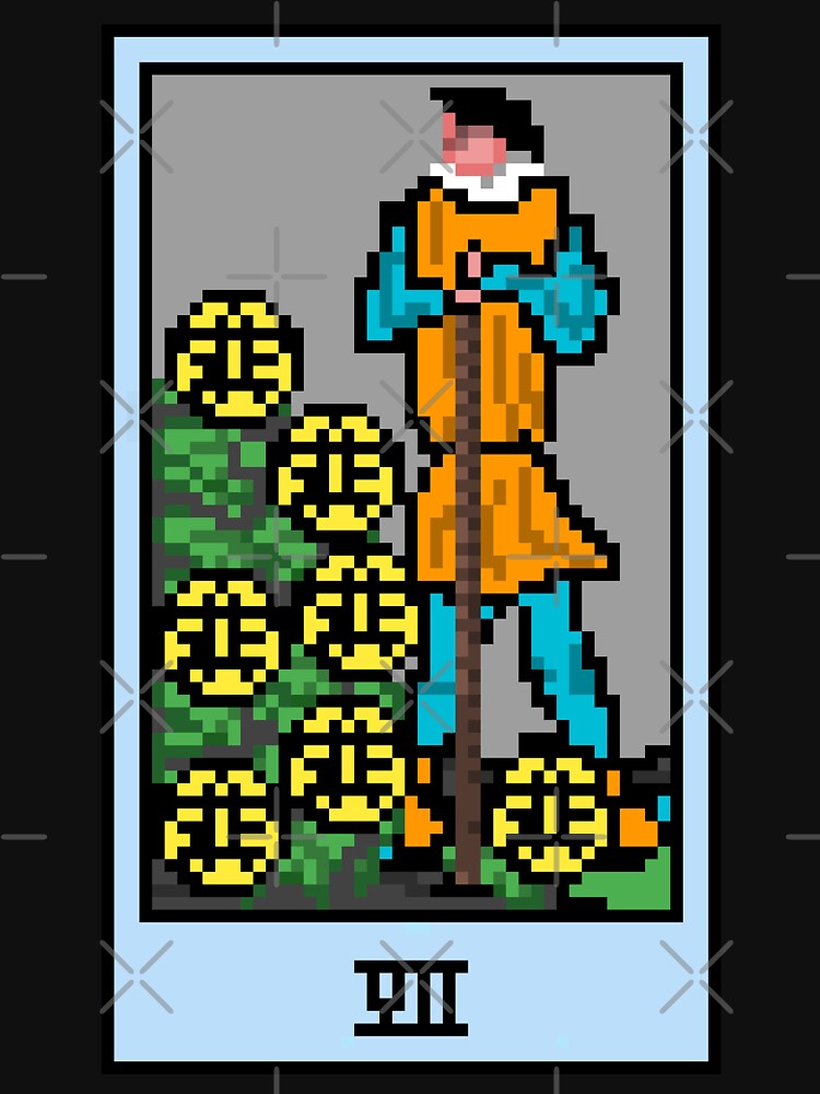 Wait, is this pixel art tarot? Black - Minor Arcana 'Seven of Pentacles' (Design for T-shirt, stickers and other accessories) by Pixel Waite