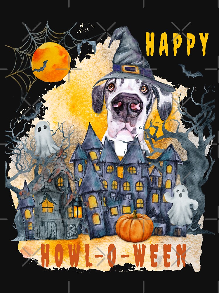 Great Dane Happy Howl-o-ween Ghost Houses Funny Watercolor by Cuddlythopia