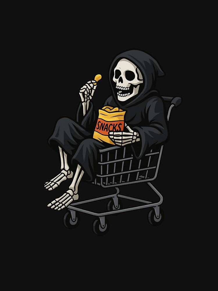 Funny Skeleton Sitting in Shopping Cart Eating Snacks | Dark Humor Aesthetic by ColorSplash123