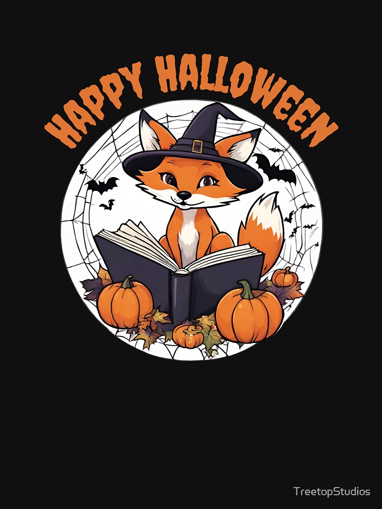 Happy Halloween Funny Fox Reading a Book with his Pumpkins, 2025 Halloween by TreetopStudios