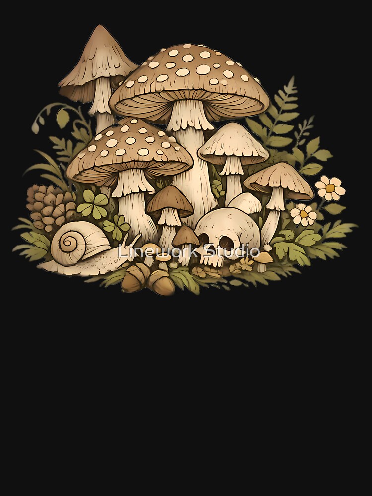 Mushroom Cluster With Skull And Snail by Linework Studio