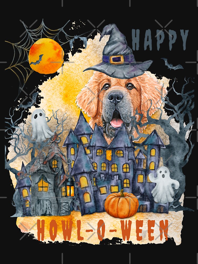 Tibetan mastiff Happy Howl-o-ween Ghost Houses Funny Watercolor by Cuddlythopia