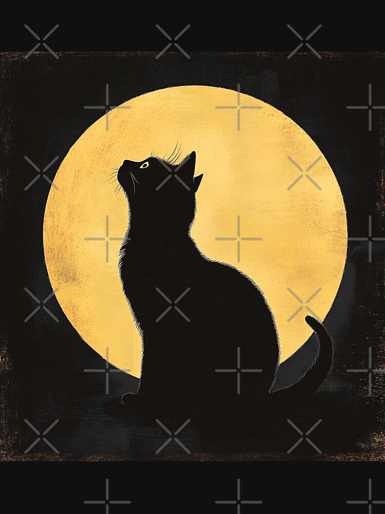 Black Cat Golden Full Moon Silhouette Vintage Aesthetic Art by GrinGalore