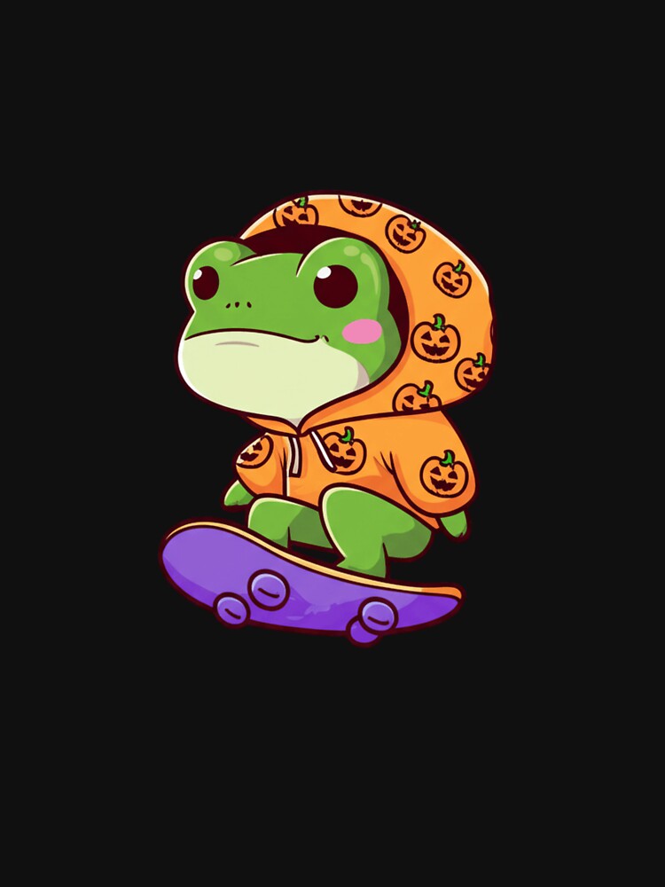 Cute Chibi Frog in Pumpkin Hoodie Riding Bat Skateboard – Hip-Hop Halloween Design by ColorSplash123