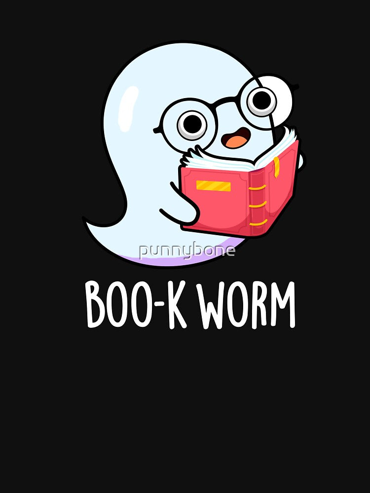 Boo-k Worm Halloween Funny Bookworm Ghost Puns (Dark BG) by punnybone