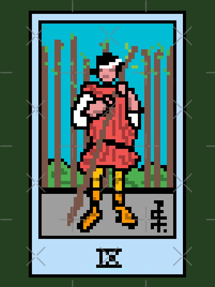 Wait, is this pixel art tarot? Green - Minor Arcana 'Nine of Wands' (Design for T-shirt, stickers and other accessories) by Pixel Waite