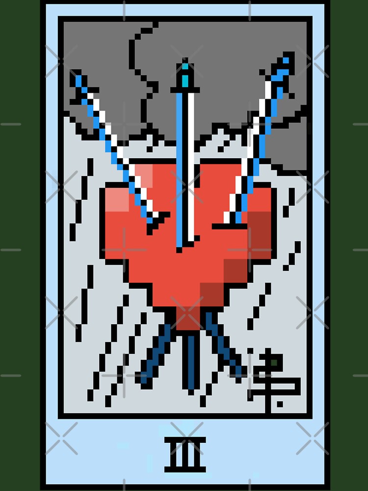 Wait, is this pixel art tarot? Green - Minor Arcana 'Three of Swords' (Design for T-shirt, stickers and other accessories) by Pixel Waite