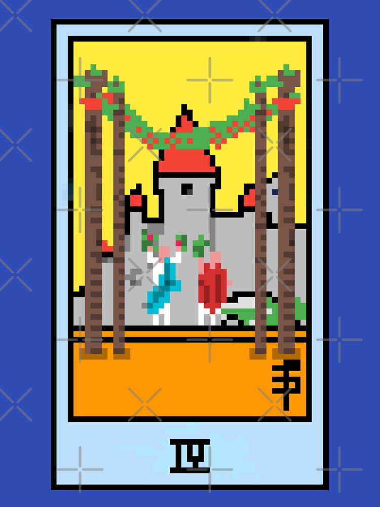 Wait, is this pixel art tarot? Blue - Minor Arcana 'Four of Wands' (Design for T-shirt, stickers and other accessories) by Pixel Waite