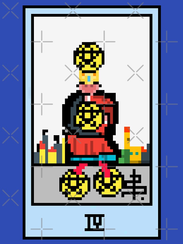 Wait, is this pixel art tarot? Blue - Minor Arcana 'Four of Pentacles' (Design for T-shirt, stickers and other accessories) by Pixel Waite