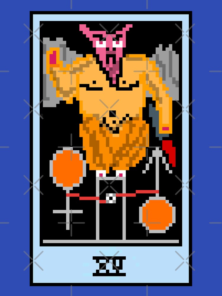 Wait, is this pixel art tarot? Blue  - Major Arcana 'The Devil' (Design for T-shirt, stickers and other accessories) by Pixel Waite