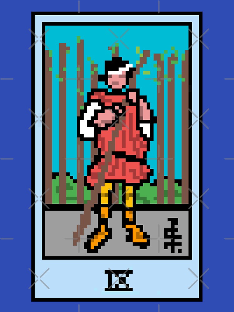 Wait, is this pixel art tarot? Blue - Minor Arcana 'Nine of Wands' (Design for T-shirt, stickers and other accessories) by Pixel Waite