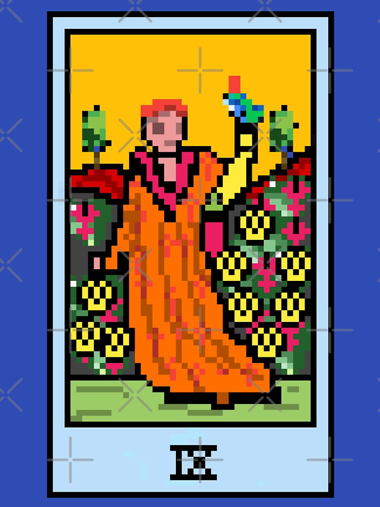 Wait, is this pixel art tarot? Blue - Minor Arcana 'Nine of Pentacles' (Design for T-shirt, stickers and other accessories) by Pixel Waite