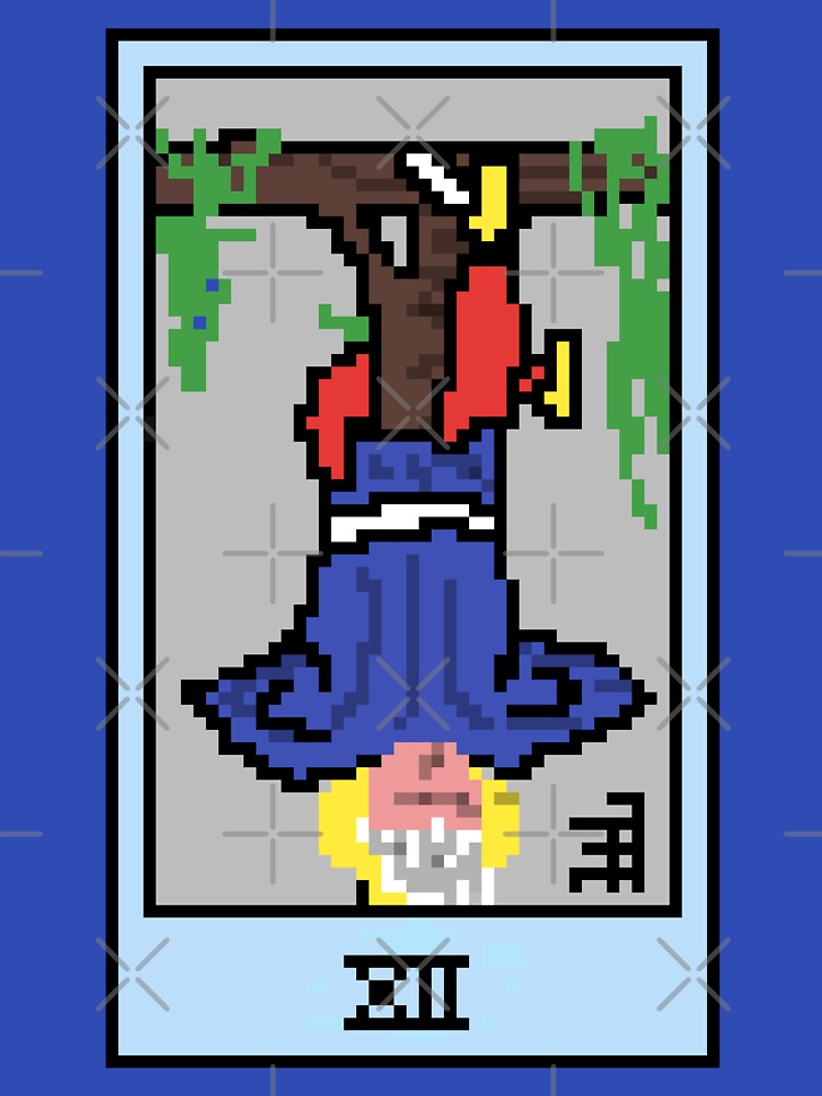 Wait, is this pixel art tarot? Blue - Major Arcana 'The Hanged Man' (Design for T-shirt, stickers and other accessories) by Pixel Waite