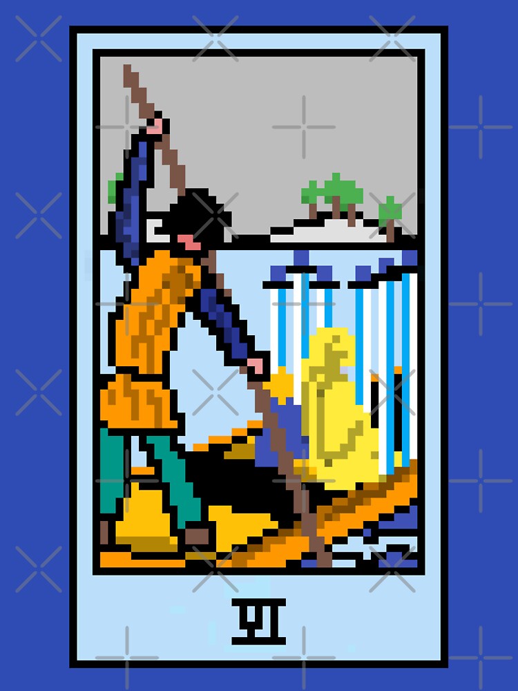Wait, is this pixel art tarot? Blue - Minor Arcana 'Six of Swords' (Design for T-shirt, stickers and other accessories) by Pixel Waite