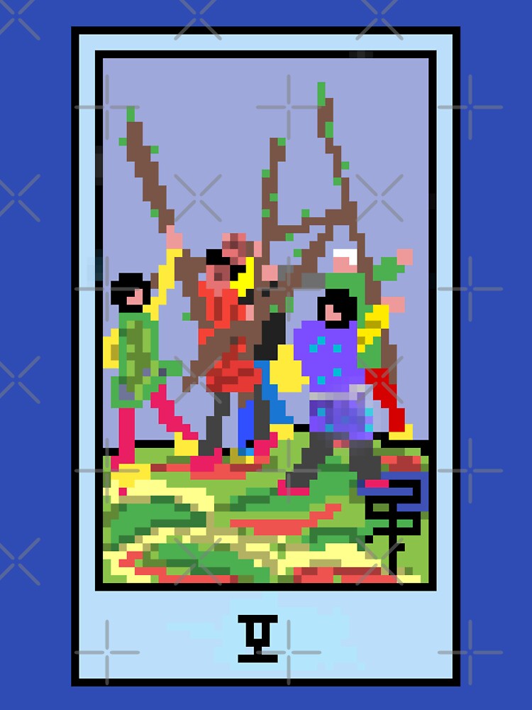 Wait, is this pixel art tarot? Blue - Minor Arcana 'Five of Wands' (Design for T-shirt, stickers and other accessories) by Pixel Waite