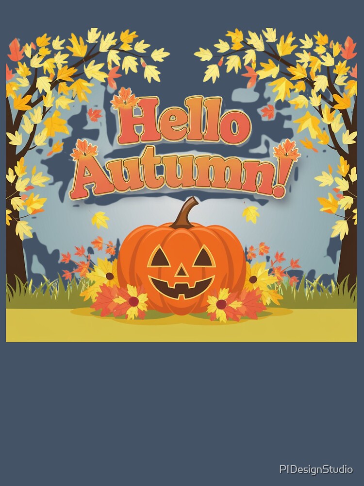Hello Autumn - Pumpkin, Ghost, and Fall Leaves Design by pnidesign